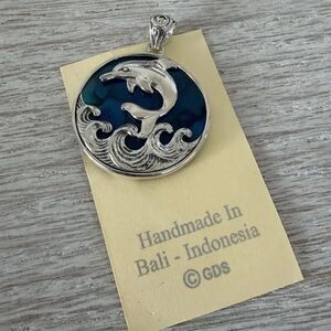 Sterling Silver Dolphin Pendant with Blue Abalone Shell Backing